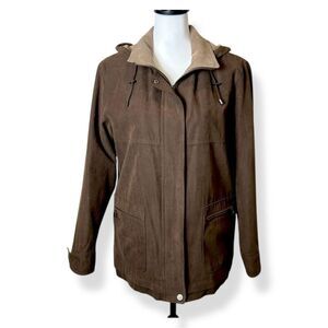 Gallery Vegan Suede Hooded Zip Front Jacket Medium Weight Coat Brown S Like New